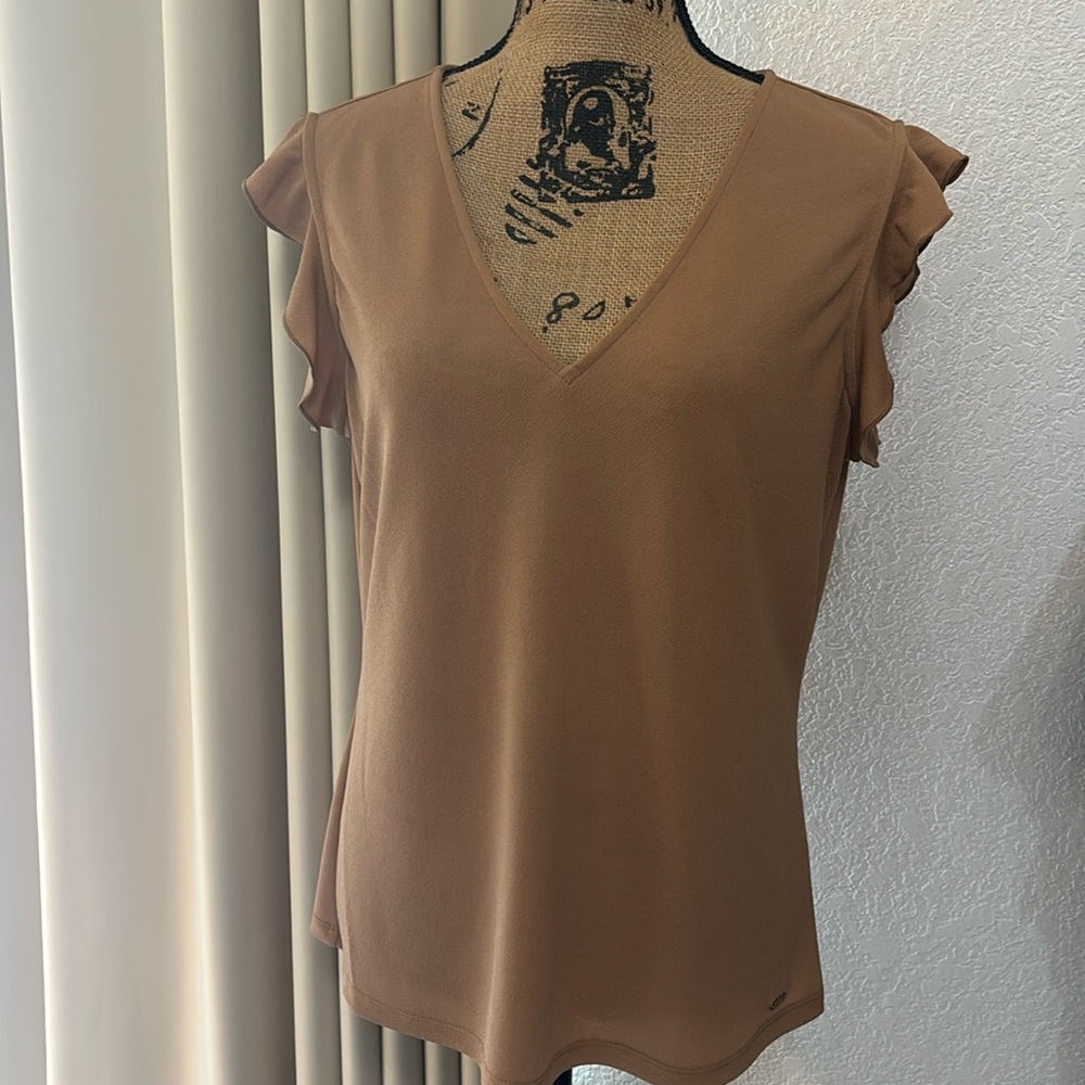 CK V-Neck Ruffle Cap Sleeve Blouse.